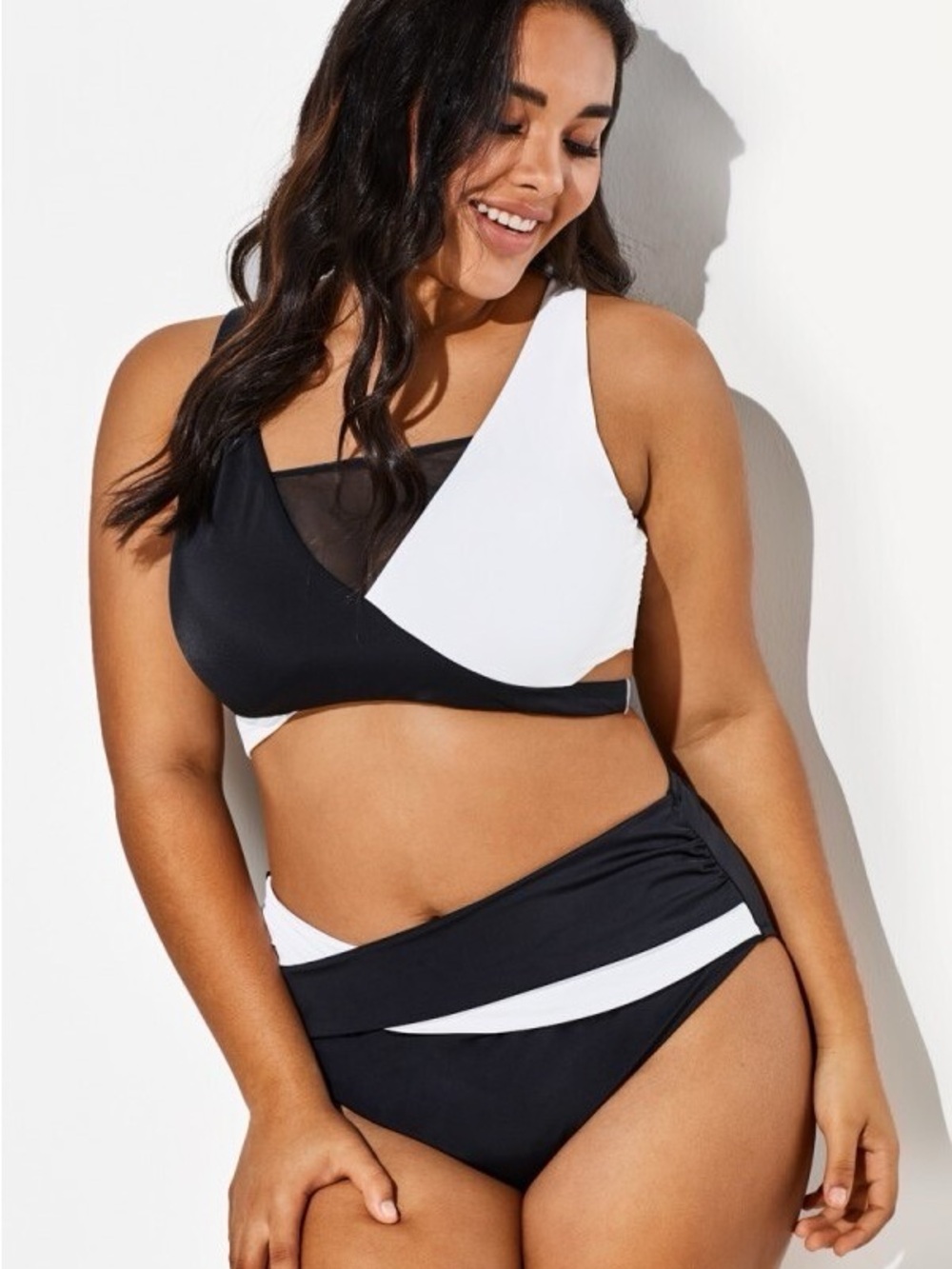 Black and White Colorblock Bikini Set with Mesh